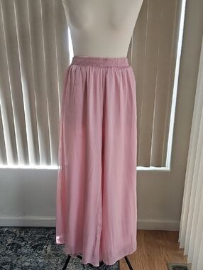 Light Pink Wide-Leg Chiffon Palazzo Pants with Elastic Waist